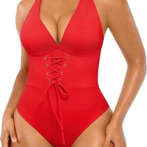 SHAPELLX One Piece Swimsuit Women's SMALL V Neck Slimming Tummy Control Red NEW